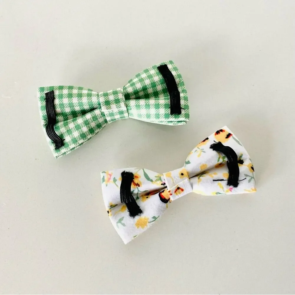NEW HANDMADE Green White Plaid Yellow Floral Dog Cat Pet Collar Elastic Bow Tie